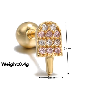 Macro shot of gold popsicle stud earring with pink and white zircon detailing, size 8x5mm