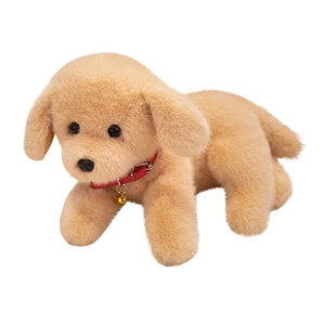Golden plush Labrador puppy toy with a red collar and bell in a natural lying pose