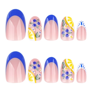 French blue press-on nails featuring hand-painted lemon and blueberry fruit art designs