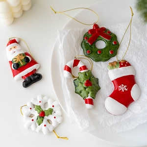 Five-piece ceramic Christmas tree ornaments set including Santa, wreath and snowflakes