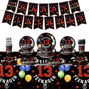 13th Birthday Party Supplies Teenager Celebration Black Red Disposable Banner Plates Cups Napkins Cutlery Tablecloth