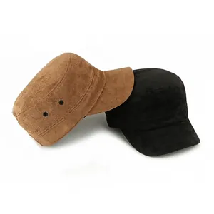 Flat top military cadet cap in brown and black faux suede with side eyelets
