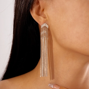 Close-up of elegant long silver tassel drop earrings with multilayered chain design