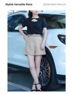 Chic two-piece summer set with black bow top and khaki high-waisted wide-leg shorts