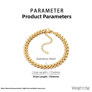 Detailed view of wheat spike chain bracelet in gold stainless steel with lobster clasp