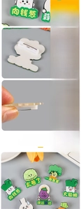 Detailed close-up of acrylic vegetable badges showing digital print quality and metal pins
