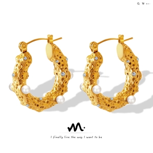 Boucles D'oreilles Créoles Martelées Avec Künstliche Perles D'imitation Et Zircons En Acier Titane Style Français Géométrique Pour Femmes