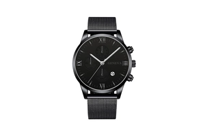 Detailed close-up of Geneva black stainless steel mesh watch with Roman numeral dial