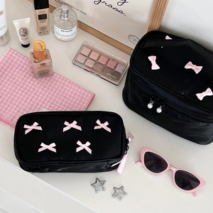 Bowknot Nylon Makeup Bag And Cosmetic Case Portable Large Capacity Travel Toiletry Organizer Sweet For Women