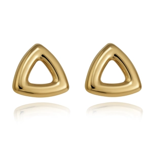 Minimalist 18k gold plated stainless steel hollow heart stud earrings on white background
