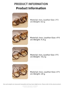 Size chart for leopard print leather hoop earrings showing various dimensions and weights