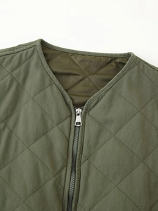 Army green diamond quilted cotton jacket for women featuring a stylish round collar zipper