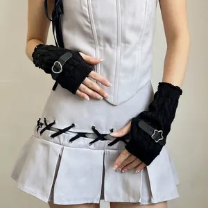 Y2K punk style black knitted fingerless arm sleeves with heart and star metal buckles
