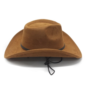 Brown faux suede cowboy hat featuring a black decorative band and adjustable chin strap