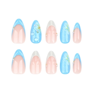 3D shell and flower press-on nails set with blue French tips and pearl accents