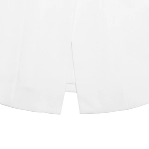 Detailed view of the sleek white blazer's back slit design and premium fabric texture