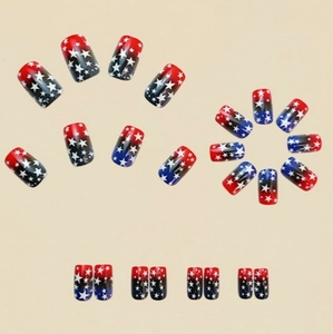 Star-patterned red and blue gradient press-on nails in a long square shape set