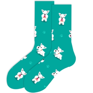 Close-up of teal cotton socks featuring white cartoon dog and paw print patterns