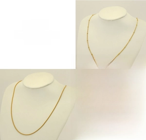 Close-up of 18K gold-plated titanium steel bead chain and square pearl link necklaces