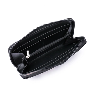 Interior view of black long wallet featuring multi-layer card slots and zipper pocket