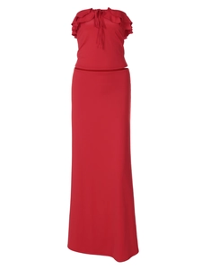Schickes rotes Damen-Zweiteiler-Strandset mit Rüschen-Bandeau-Top und langem Maxirock