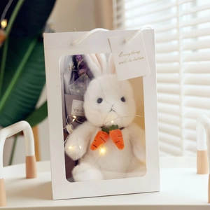 Plush bunny toy gift set with dry flowers and LED lights in a stylish white carry bag