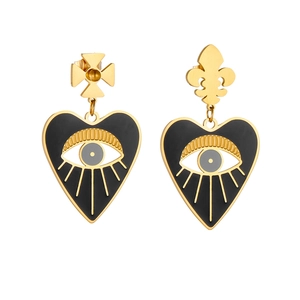 Golden 18k plated stainless steel evil eye earrings with black enamel heart pendants