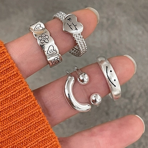 Koreanischer Trendiger Kupfer Silber Gold Plattierter Smiley Herz Ring Set Für Damen Verstellbare Offene Ringe Minimalistischer Schmuck