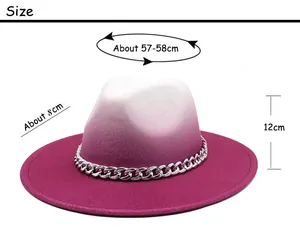 Size chart showing 57-58cm circumference and 8cm brim for gradient fedora with chain