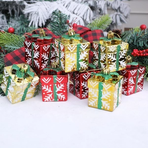 Set of 4 Christmas tree gift box ornaments with red and gold glitter snowflake patterns