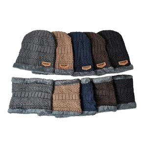 Winter knitted beanie and scarf set with thick fleece lining in five assorted colors