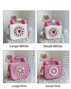 Detailed comparison of pink and white vintage telephone bags in large and small sizes