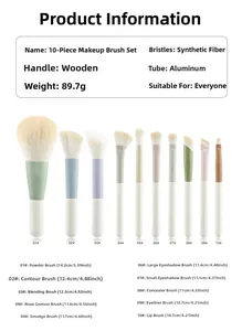 Größentabelle für 10-teiliges buntes Make-up-Pinsel-Set mit Material und Längenangaben