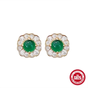 Vintage S925 sterling silver emerald cat-eye stud earrings with zircon halo for women