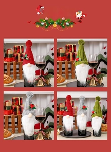 Close-up of knitted Christmas gnome wine bottle covers with holly and pine needle details