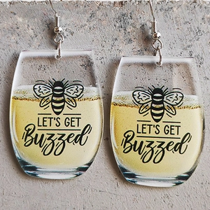 Creative beer cup earrings with bee graphic and LET'S GET Buzzed text on grey background