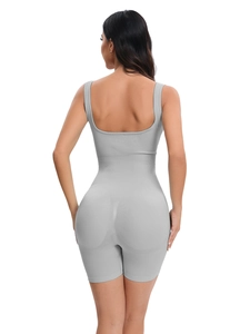 Grey ribbed seamless yoga bodysuit with thick straps and back view sculpting peach lift