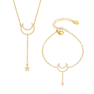 Minimalist gold star and moon jewelry set with zircon necklace and matching bracelet