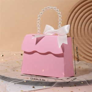 Pink gift box dimensions 13.5x10.5x6cm with pearl handle and white satin ribbon bow