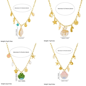 Golden stainless steel ocean theme necklaces with shell, turtle, and seahorse charms