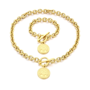 Golden stainless steel Tree of Life necklace and bracelet jewelry set with OT toggle clasp