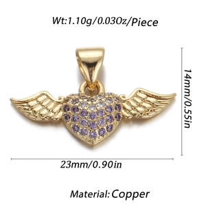 Detail of 18K gold-plated winged heart pendant with purple zircons and dimensions