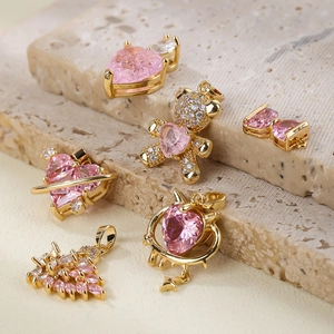 Pink Zircon Pendants Copper 18K Gold Plated Heart Bear Bow Swan Shape For DIY Jewelry Making Sweet Aesthetic Accessories