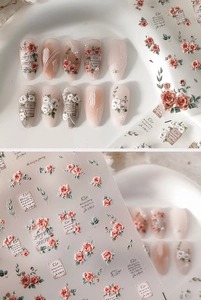 Close-up of 3D embossed nail stickers featuring elegant red and white roses with text