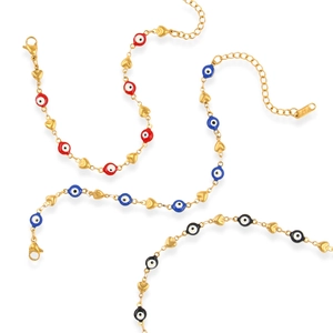 Golden stainless steel heart chain bracelets with colorful enamel evil eye charms