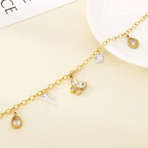 Golden stainless steel beach anklet with butterfly and teardrop rhinestone charms