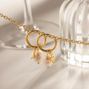 Boucles d'oreilles Créoles Étoile et Perle en Acier Inoxydable Étoile Octogonale Perle Artificielle Bijoux Femme