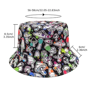 Reversible mushroom graffiti bucket hat with 56-58cm head circumference size specs