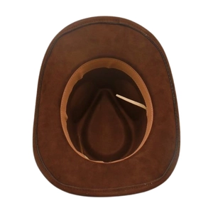 Top view of brown suede cowboy hat showing internal sweatband and wide brim structure