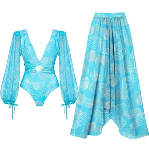 Blue V-neck long sleeve swimsuit set with seashell print and sheer mesh skirt
